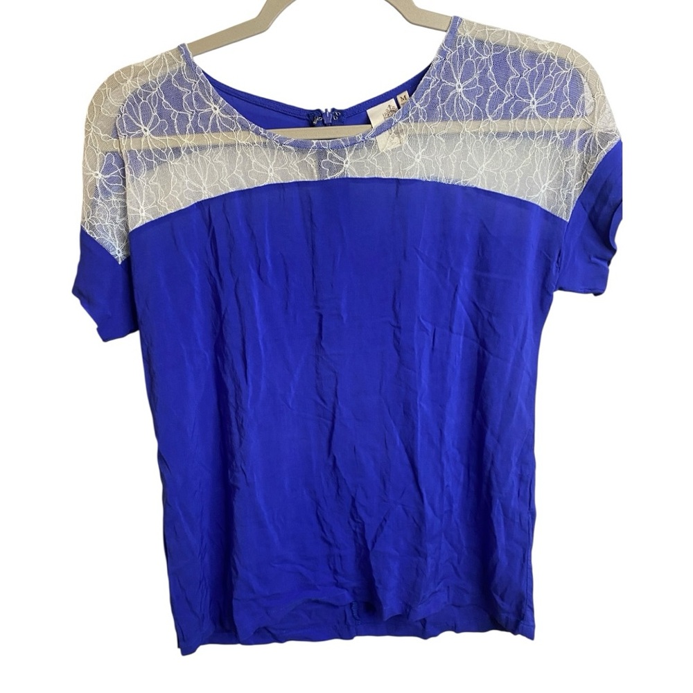 Blue Short Sleeve Blouse with Sheer Yoke
